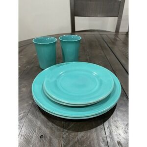 Hazel Atlas Ovide Aqua Turquoise Platonite Dinner Dessert Plate Tumbler Set Of 2